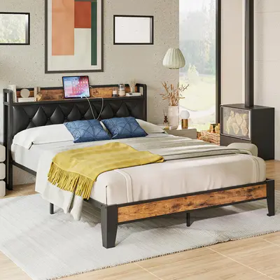 ANCTOR Platform Bed Frame with Storage Headboard & Built-in Outlets, Silent Sturdy No-Noise Design, Easy Assembly, No Box Spring Needed for Bedroom, Home Headboard with PU Leather & MDF Board