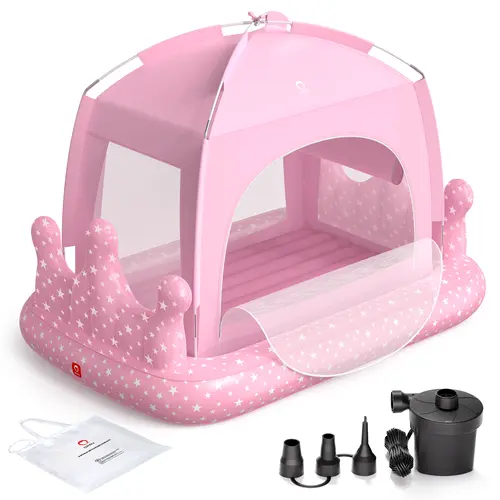 QPAU Princess Inflatable Toddler Bed with Tent, Blow Up Toddler Travel Bed with Sides, Portable Kids Air Mattress as Birthday Gifts for Girls, Ideal for Home, Grandma’s, Camping & Sleepovers – Includes Electric Pump sohochic
