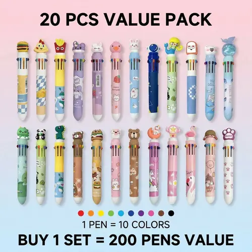 20Pcs Bulk 10-in-1 Multicolor Pen Set - 0.8mm Smooth Writing, Assorted Cute Designs, Back to School Supplies, Playful Sets, Gift Ideas for Kids (Office Use),sohochic