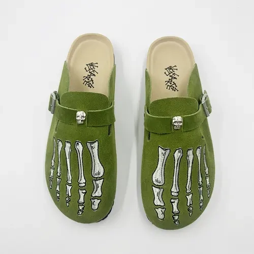 Meckmanly Men's Edgy Green Suede Slip-On Clogs - Skeleton Foot & Skull Details, Rubber & Cloth Punk Gothic Mules for Casual Wear, Concerts, Y2K Streetwear Shoes,sohochic