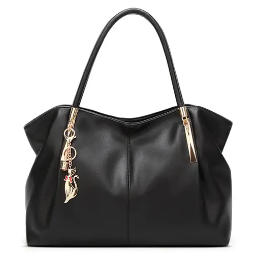 Women's Simple Style Solid Color Tote Bag with Metal Cat Bag Charm Pendant, Casual Trendy Versatile High-quality Daily Pu Leather Commuting Bag, Girl Fashionable Shopping Bag