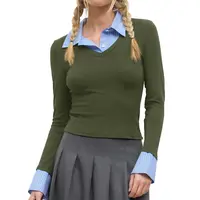 Tankaneo Womens Long Sleeve Polo Shirts Business Casual Work Tops Slim Fit V Neck Collared Patchwork Black Vneck Womenswear