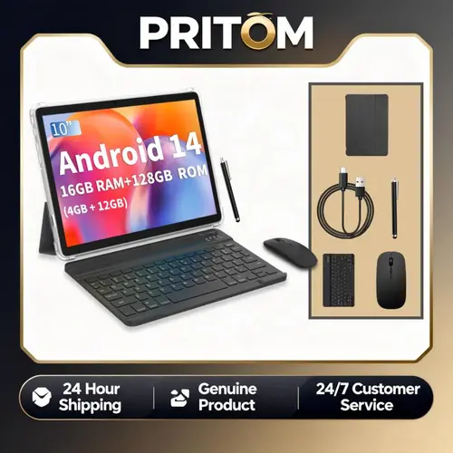 PRITOM 2026 10.1 Inch Touchscreen Tablet Set with Android 14, 16GB(4+12) RAM, 128GB ROM, Dual Camera, Bluetooth Keyboard & Mouse – Back to School Shopping 2026 Gift, Screen