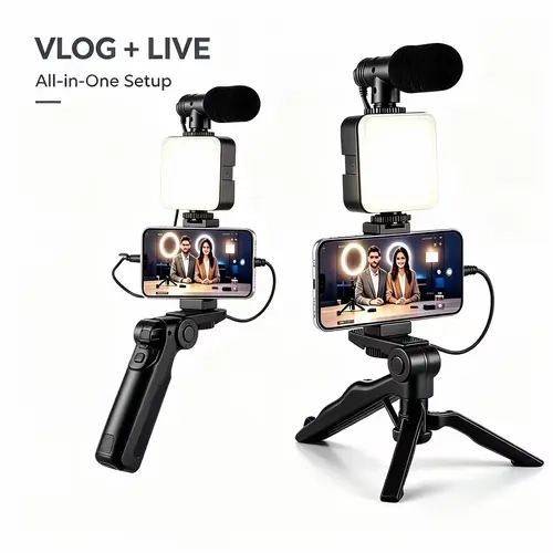 Lightweight Compact Portable Tripod Kit for Mobile Phones with Bluetooth Tripod Remote, LED Face Lighting, Microphone - Selfie Accessory, Outdoor Record Ready Streaming Equipment