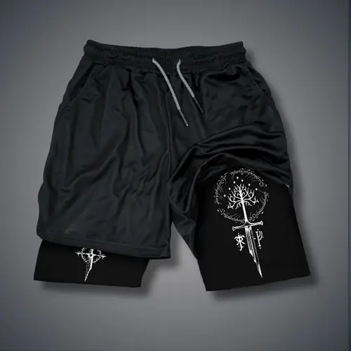 Urban Lord of the Rings Double-Layer Sports Shorts Graphic Shorts Black Shorts Camo Shorts Streetwear Shorts Men Outfits Men Short Shorts Vacation Outfits Shorts