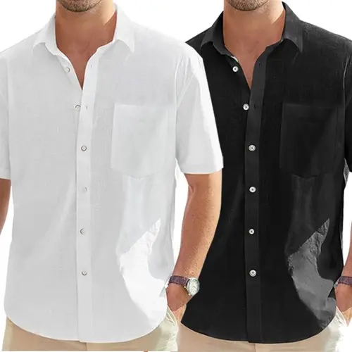 AMZPURE Menswear 2-PACK Men's Cotton Linen Shortsleeve Shirts, Casual Lightweight Plain Button-Down Tops with Pocket, Tropical Vacation Beach Summer Wear,clothes for back to school,first day of school outfits,sohochic