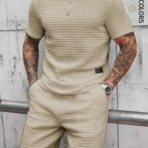 Men's Casual Loose Fit Round Neck T-Shirt and Drawstring Waist Shorts Set, Comfortable Daily Wear, Short Sleeve, Fitted, Regular Length, Menswear