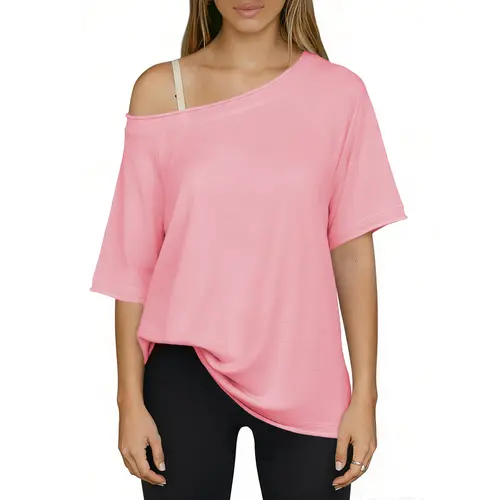 Fisoew Sports  2026 Summer Spring Women's Off-Shoulder Crop Top, Loose Fit, Summer Sports T-shirt, suitable for home wear, travel,,summerwins