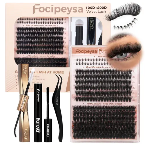 Focipeysa Velvet Lashes | 100D+200D with Bottom Lashes | Professional Salon Lash Extensions Look, Home Application | 12-18mm D Curl | Waterproof, Ultra-Dense & Long Lasting | Effortless DIY D-Curl for a Volume Fluffy Eye Look