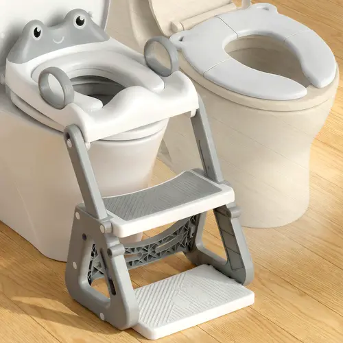 Potty Training Seat with Folding Travel Potty Seat for Toddlers, 2 in 1 Potty Training Toilet Seats, Anti-Slip Toddler Toilet Seats with Steps, Waterproof Cushioned Mat and Splash Guard, Grey, mothersdaygift, #Summervibes