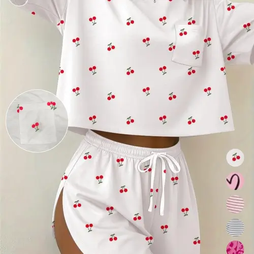 Spring Summer New Print Short Sleeve T-Shirt Split Shorts Outfit Set for Women, Womenswear Round Neck Casual Fashion Commuter Beach Vacation Essential Lady Matching Set Outfit