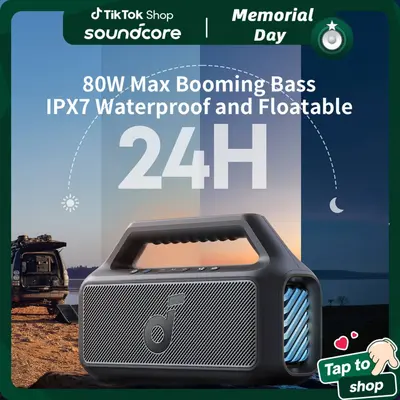 soundcore Boom 2 By Anker Audio Wireless Bluetooth Speaker - 80W Sound System, Subwoofer, BassUp 2.0, 24H Playtime, IPX7 Waterproof, Floatable, RGB Lights, USB-C, Custom EQ, Bluetooth 5.3, Multifunctional Portable for Camping, Beach, Songs, Led Light, Bat