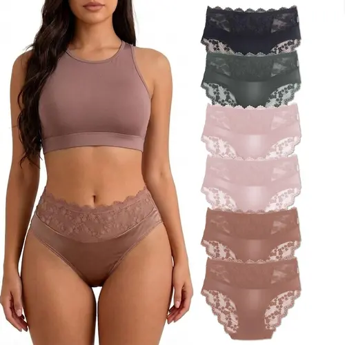 Women's 12-Piece/6-Piece Stretchy Breathable Lace Panty Set - Basic Lingerie Mid-Waist Bikini Hipster Briefs for Lady Daily Wear