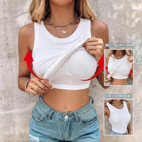 CHICME Women's Built-in Bra Tank Top, Sleeveless Racerback Ribbed Fitted Basic Shirt, Breathable Casual Everyday Top