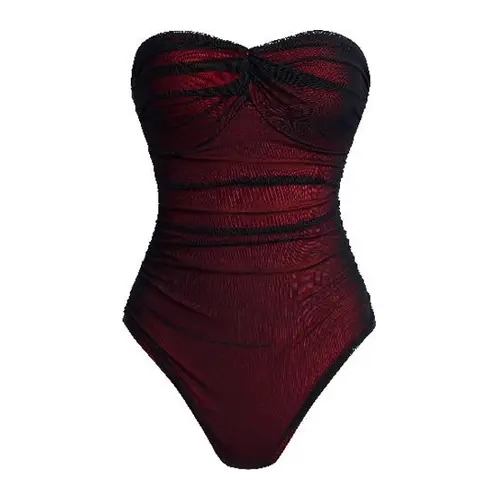 OQQ Women's Strapless Ruched Draping Shirred S-Type Sheer Mesh Bodycon Bodysuit - Chic Machine Washable All-Season Night Out Top for Party, Valentine's Day