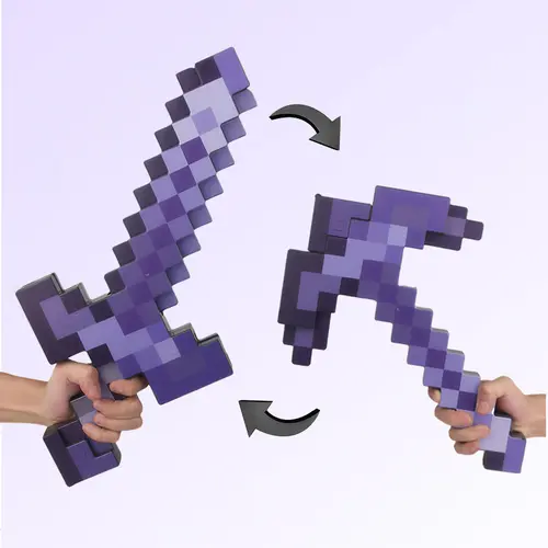 MC Theme 2-in-1 Transforming Diamond Sword-Pickaxe Toy, Telescopic Costume Accessory for Unisex Kids Ages 6+/6 Years and Older, Fun Game-Inspired Light & Sound Effects, Video Gamer Fans Gift