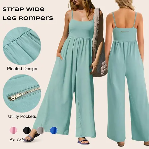 Imily Bela Womens Summer Jumpsuits One Piece Casual Loose Overalls Spaghetti Strap Wide Leg Rompers with Pockets Workout Outfits