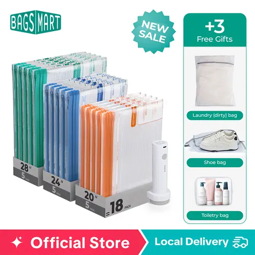 【NEW IN +3 Free Gift】BAGSMART Vacuum Storage Bags for Travel with Rechargeable Air Pump 12 Pack to 21 Pack Portable Space Saver Bags for Clothing Blanket Duvets Compression Seal Bag sohochic