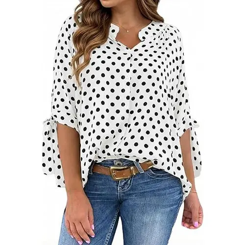 Cicy Bell Womens Polka Dot Blouse V Neck Bow Tie Cuff Half Sleeve Tunic Loose Fit Summer Casual Button Down Pleated Tops Chic Shirts