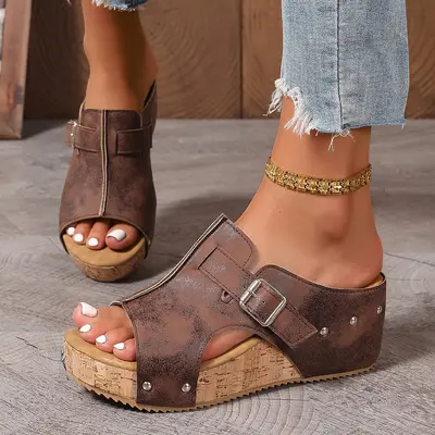 Women’s Platform Wedge Sandals 2.5” Cork Heel – Lightweight Cushioned Comfort Slides, Adjustable Strap, Non-Slip Casual Summer Walking Shoes for All-Day Wear