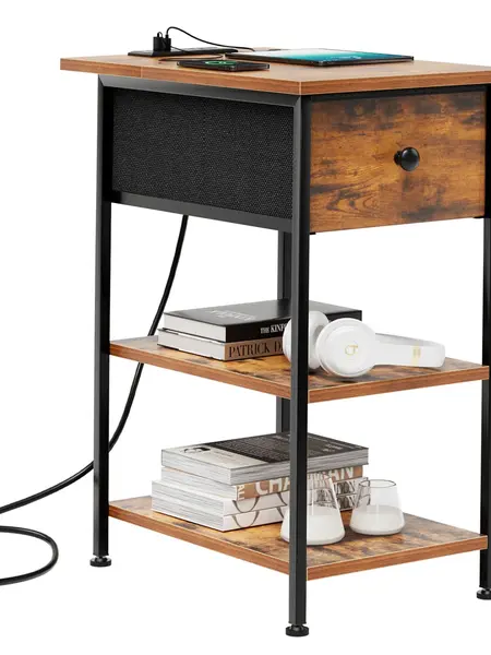 Sweetcrispy End Table with Multiple Shelves and Charging Station, Flip-Top Side Table with USB Ports and Outlets, Nightstand