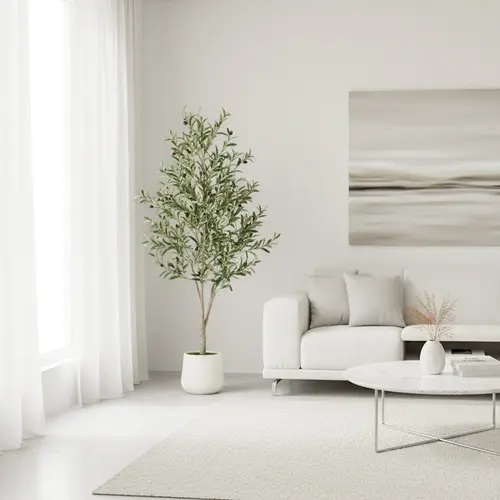 5/6/7FT Artificial Olive Tree Tall Faux Potted Plant with Natural Wood Trunk Lifelike Fruit Faux Tree for Home Office Decor