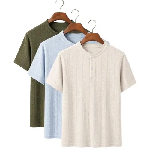 Zaitun Men's Textured Knit Henley Shirt, Short Sleeve Stretch Button Tee, Lightweight Breathable Casual Summer Top, Single / 2 Pack / 3 Pack