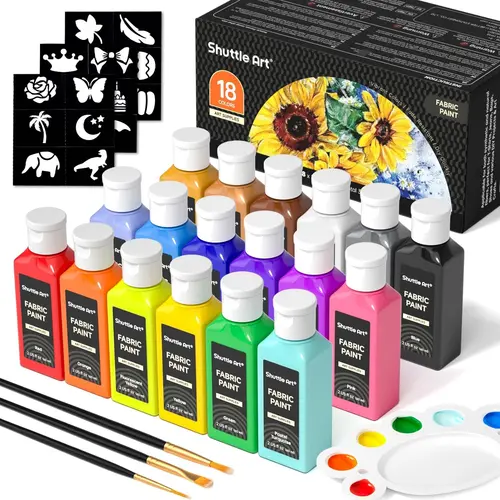 Shuttle Art Fabric Paint, 18/30 Colors Permanent Soft Fabric Paint in Bottles (60/250ml) with Brushes, Palette, Stencils, Non-Toxic Textile Paint for T-shirts, Shoes, Jeans, Bags, DIY Projects&Art Crafts