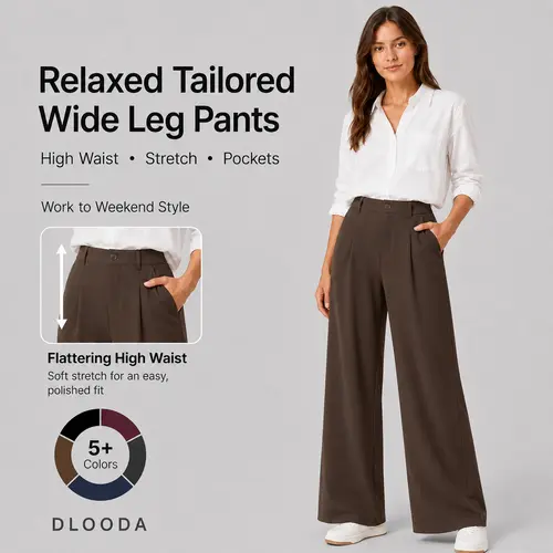 DLOODA Women’s High Waist Stretch Relaxed Tailored Wide Leg Pants with Pockets - Pants for Women, Work, Business Casual, Casual Fashion Trousers for Work & Weekend Wear, Work Pants,back to school shopping,sohochic