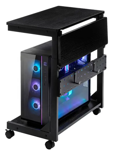 Sweetcrispy 2-Tier Height-Adjustable PC Tower Stand Organiser - Home Office Furniture Desk Storage Organization Furniture, PC Accessories with Folding Panel, Rolling Side Table, Pegboard, Hooks, Mouse Pad
