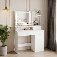 Sweetcrispy Glam Modern Makeup Table - Illuminated Vanity Desk with 2 Drawers, 1 Door, Large Cabinet, 3 Adjustable LED Lights, Rectangular Mirrored Top Indoor Furniture Dressing Table, Makeup Vanity