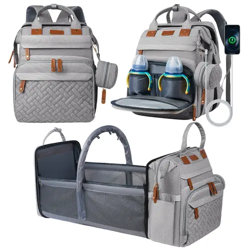 【Mother's Day Gift】BabyBond Multifunctional Diaper Bag - Convertible Backpack/Tote with Changing Station, 19 Pockets, Portable Baby Crib, Mosquito Net, Waterproof Large Travel Bag, Adjustable Straps, Classic Solid Grey