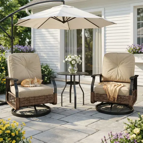 SHA CERLIN 3-Piece 360-Swivel Patio Bistro Set, All-Weather PE Rattan Outdoor Furniture Set with Table, Water-Resistant Cushions (2 Style Options),summerwins