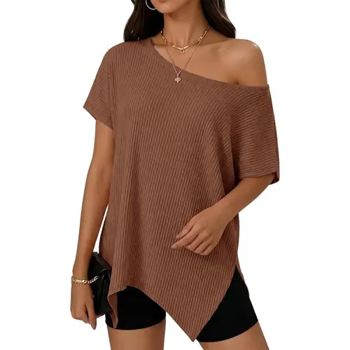 FISOEW Women's Asymmetrical Off-the-Shoulder Ribbed Knit Tunic Top - Casual Baggy Stretchy Blouse with Smooth Short Sleeves, Clothes, Shirts, Beach Summer Outfits, Blouses for Women,sohochic