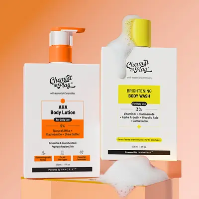 AHA Body Lotion 8fl oz & Brightening Body Wash 8fl oz Combo | Helps Even Out Skin Tone & Nourishes Skin