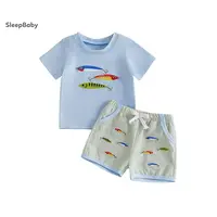 Boys Summer Shorts Sets Short Sleeve O Neck Fish Embroidery Tops And Plaid Drawstring Shorts Embroidered Letters Toddler Shorts,sohochic