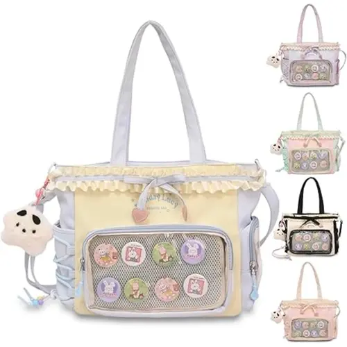 RIVERICH Kawaii Lolita Ita Bag, Clear Display Window Pleated Lace Shoulder Bag, Large Capacity Tote Crossbody Handbag for Anime Fans Elegant Commuter Bag Pu Tote Satchel DealsForYouDays
