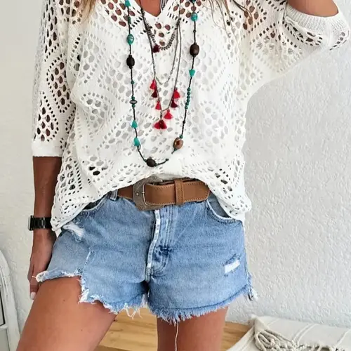Plus Size Solid Hollow Out Drop Shoulder Knit Top, Loose Fit Casual V Neck 3/4 Sleeve Summer Plain Knitwear for Women, Daily Wear