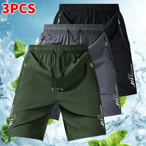 Men's 3-Pack Activewear Short Pants - Fitted Cut, Fitted Waist, Reflective Geometric Patterns, Drawstring Waistband, Zipper Pockets for Summer Running