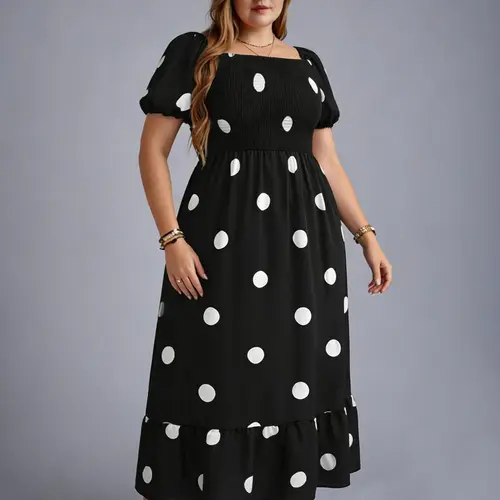 Plus-Size Women's French-Style Puff Sleeve A-Line Maxi Dress, All-Over Ditsy Floral Print, Boho Printed Floral, Square Neck Shirred Summer Dress, Casual Chic Style, Boho