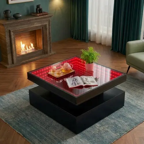 LED Square Coffee Table with Storage, 31.5" RGB Glass Top Coffee Table for Living Room, Modern Black Center Table with LED Lights, Low Coffee Table for Apartment & Home Decor