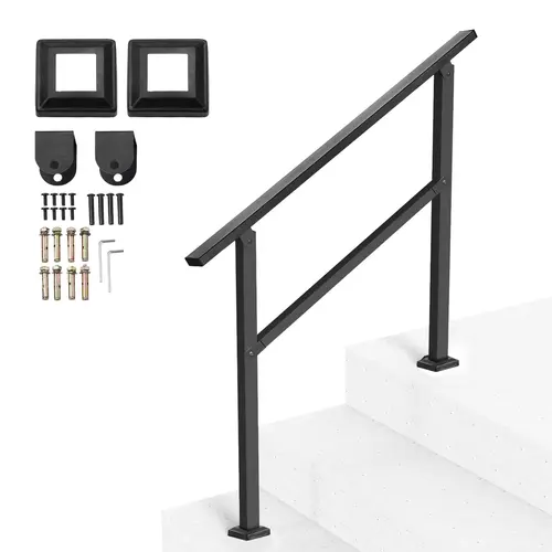 VEVOR Outdoor Metal Stair Handrails Complete Kit with Nuts, Adjustable Angle, 2-3 Steps Fit, Black Square Tube Horizontal Bar, Carbon Steel 200-220 lbs Load, Reliable Use for Seniors, Concrete & Deck Stairs, Easy Installation#SohoChic