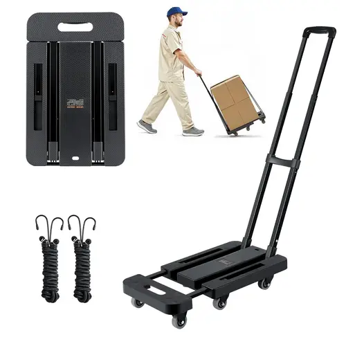 VEVOR Foldable High-Capacity Folding Hand Truck Carrier, 110-500 lbs Load, 6 Transport Wheels, 2 Elastic Bungee Cords, Expandable Base, 22.1x12x39.8 in Utility Luggage Cart for Airport Travel, Office Moving, Black, Versatile Travel Accessory,#SohoChic