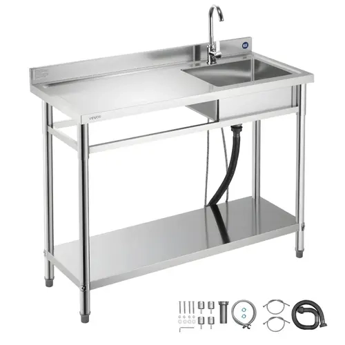 VEVOR Stainless Steel Free-Standing Single Bowl Commercial Kitchen Sink with Faucet, Adjustable Rectangle Utility Left Basin Workbench with Hot & Cold Water Pipe for Outdoor Kitchen, Patio, 47x19.7x37 in#SohoChic