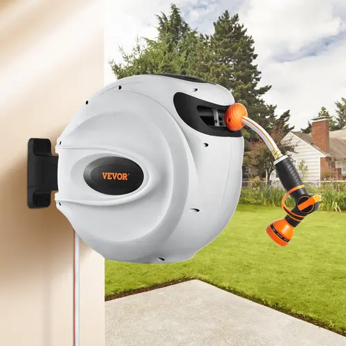 VEVOR Wall-Mounted Auto Rewind Extendable Garden Hose Reel, 65'x5/8" PVC Flexible Water Hose with 180° Swivel, 200 psi Heavy-Duty High-Pressure Adjustable Watering Equipment for Car, Window Washing#SohoChic