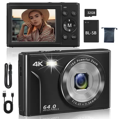 Multi-functional 4K & 64MP Digital Camera, Auto Focus Digital Camera, 16x Digital Zoom Cameras, Compact & Portable Mini Camera with 2.8" IPS Screen, 32G Memory Card and 1200 mAh Battery for Teens & Beginners, Seniors, Perfect Gifts for Halloween Outdoorfu