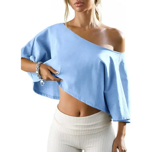 Fisoew Women's Off-Shoulder Cotton Crop Top - Loose Batwing Half Sleeve Asymmetrical Shirt, Cute Clothes, Flattering Tops for Summer Vacation, School & Loungewear SohoChic