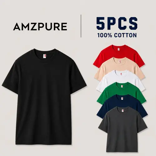 AMZPURE Men's 5-Pack 100% Cotton Slim Fit Short Sleeve Classic Plain Crew Neck T-Shirts - Super Soft, Tagless, Street Style, Sporty Chic for Office/Outdoor Travel Everyday Wear,sohochic
