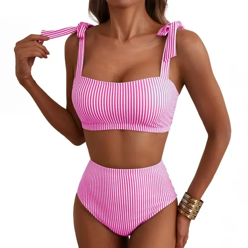 Aleumdr Women's 2-Piece Tie Bikini Top High Waisted Bikini Sets, Striped Swimsuits for SwimWeek Summer Vacation Outfits