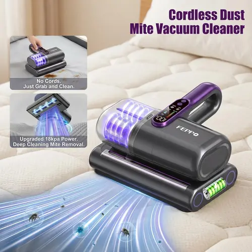 FEPPO  Cordless Mattress Vacuum Cleaner, 18Kpa Bed Vacuum with 253.7nm UV-C Light & Ultrasonic Technology, Handheld Vacuums with Dust Sensor & LED Display, 52800 Times/Min High Frequency Tapping,back to school,back to school haul,sohochic